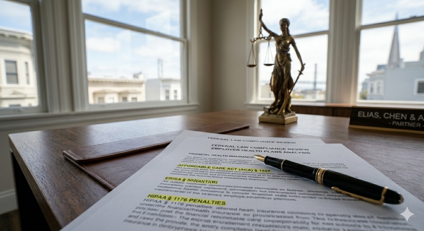 A professional desk showing the ERISA personal injury settlement impact documents and a scales of justice statue.