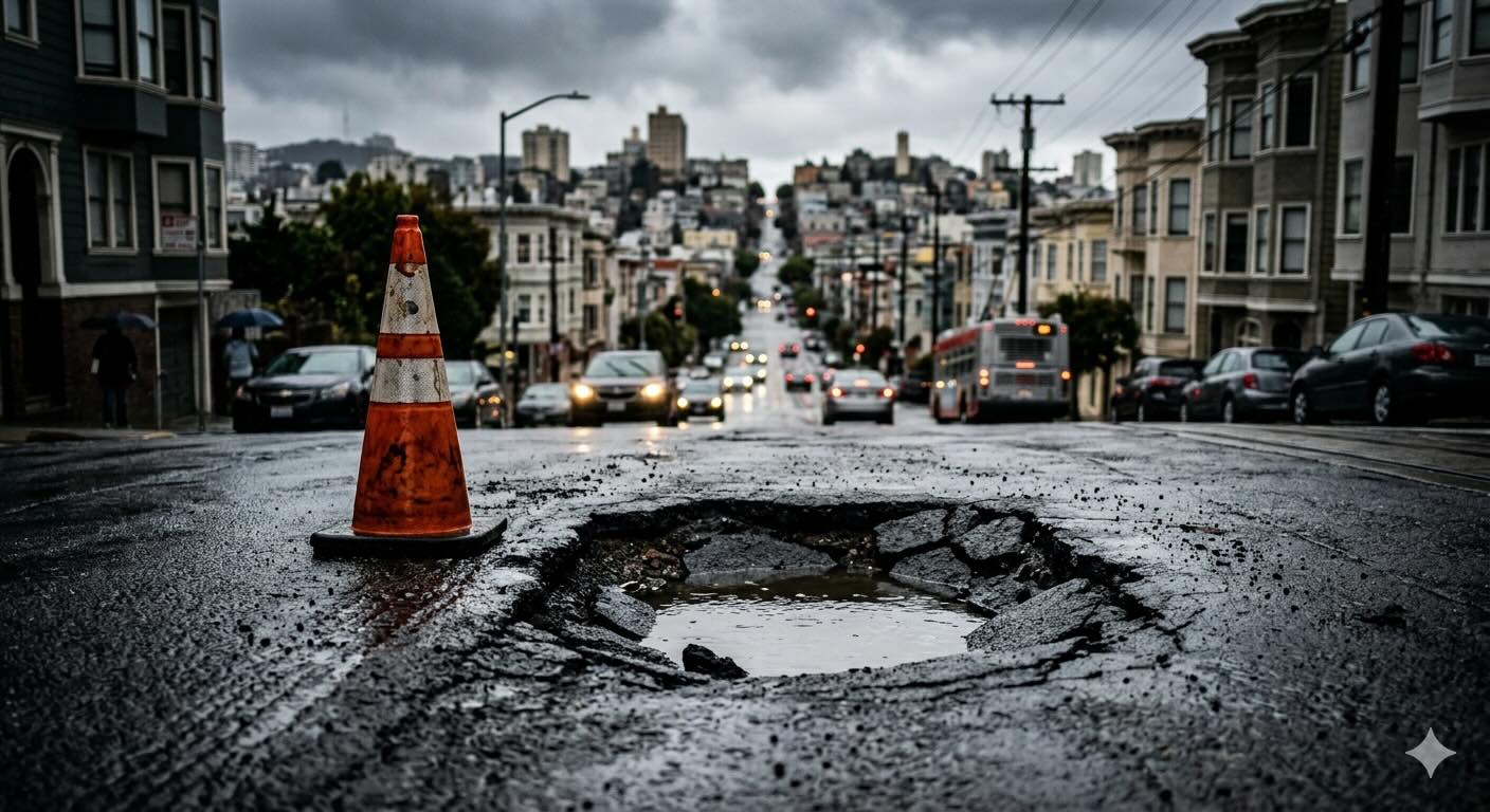 A close-up view of an asphalt street crater illustrating the hazards of suing a public entity for dangerous road conditions.