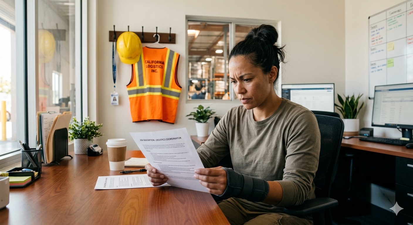 A concerned employee deciding whether to refuse light duty work California workers' comp insurance adjusters offered after a workplace injury.