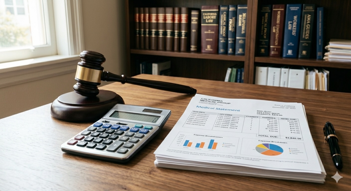 Hospital liens in california cases highlighted by a gavel, calculator, and medical bills on a desk.