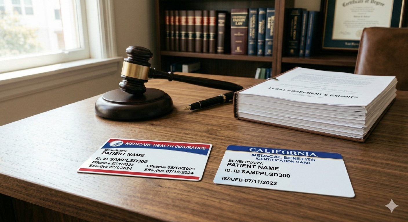 Medicare vs. Medi-Cal Reimbursement After a California Injury Settlement comparison on a lawyer's desk.