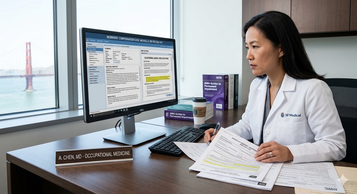 A doctor reviewing digital medical charts and workers' comp forms to evaluate what is utilization review in California workers’ comp.
